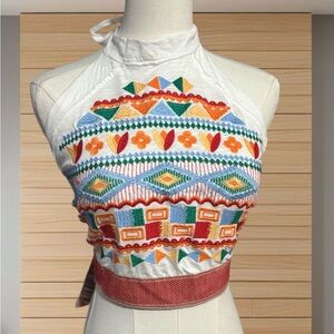 Boho Southwest Embroidered Halter Crop Top Tie Back Festival Western Summer
